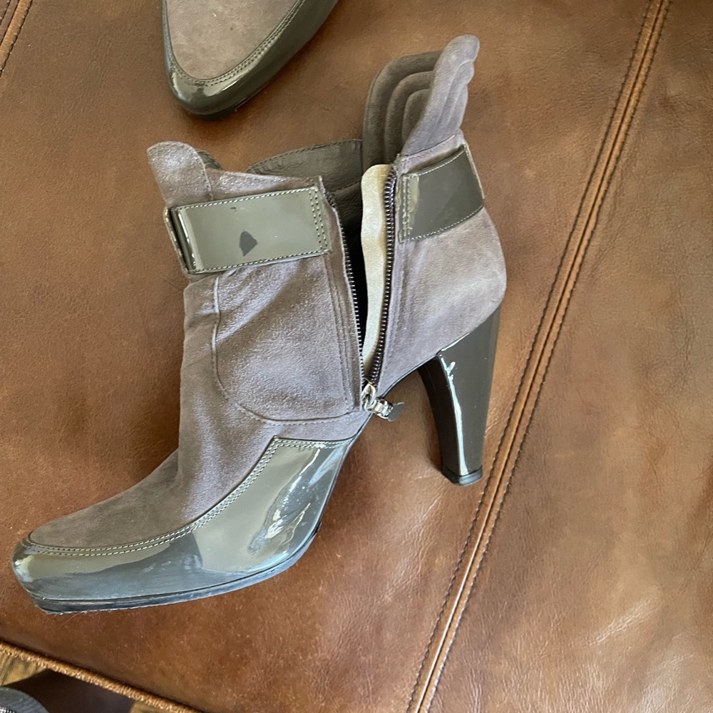 Grey suede and patent leather high heel boots
